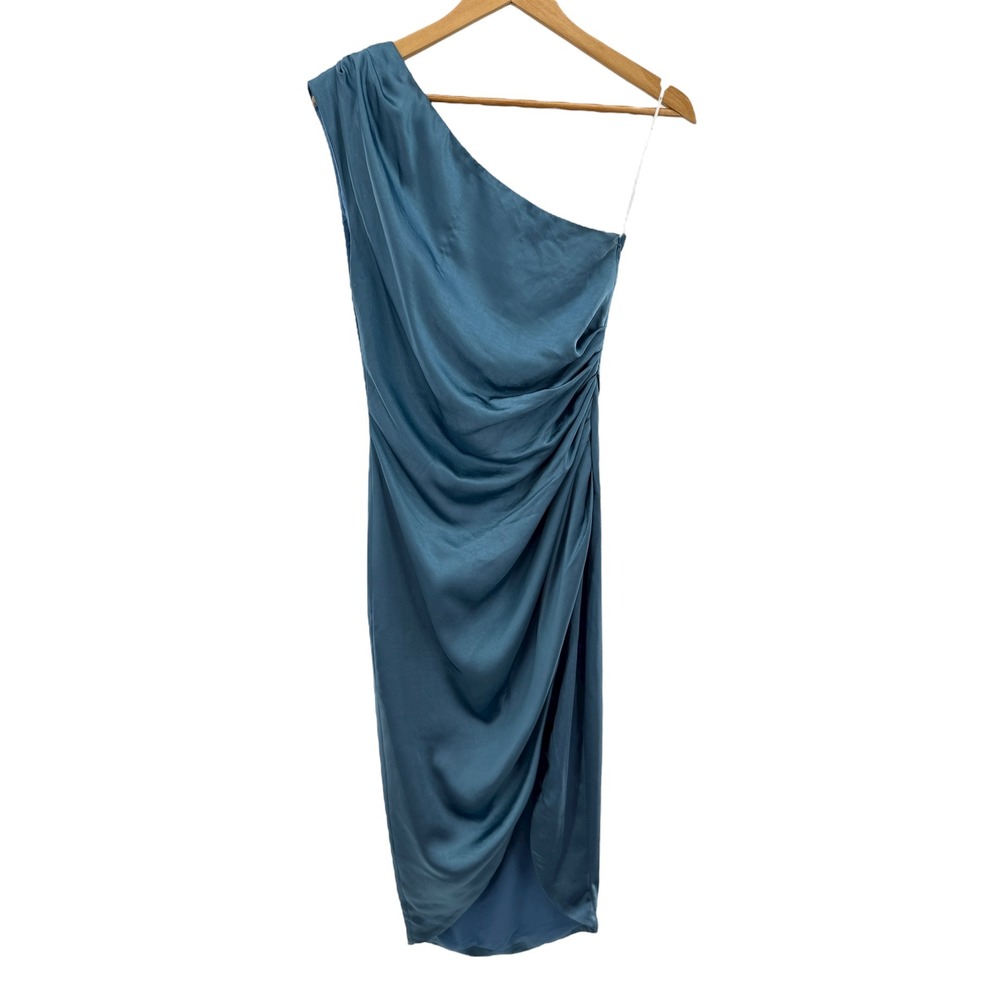 Elliatt One Shoulder Satin Draped Midi Dress Blue Small Cocktail Party Wedding